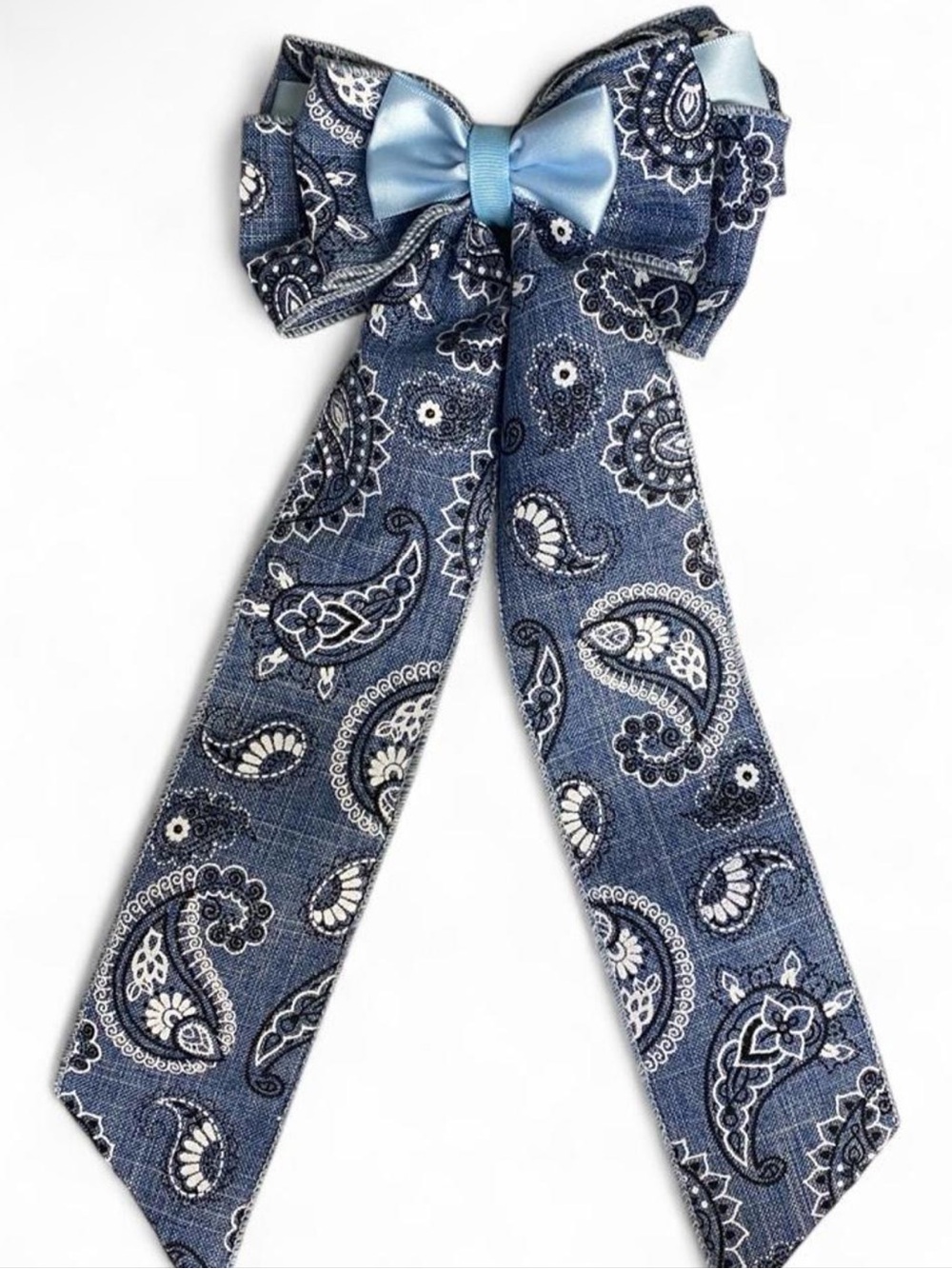Denim Blue Paisley Print Hair Bow - Picture 2 of 4